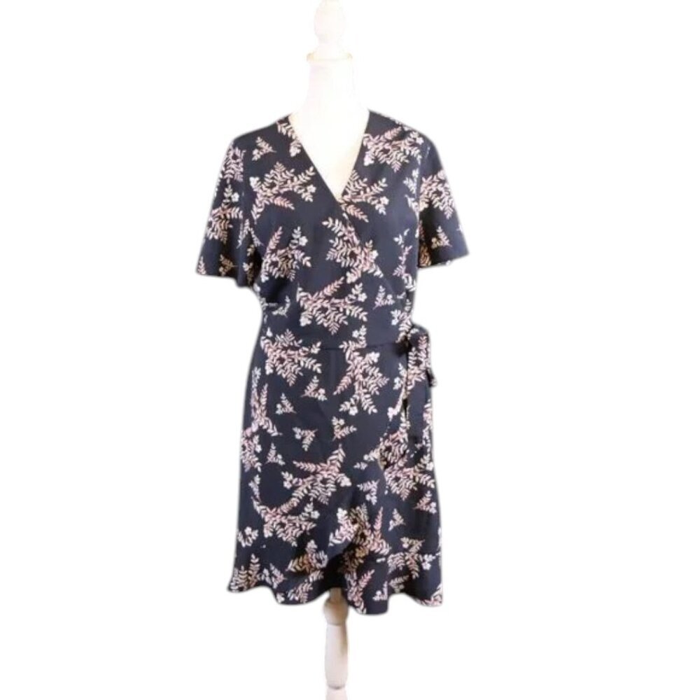 Banana Republic Navy Floral Leaf Print Wrap Dress Flutter Sleeves Ruffle Hem